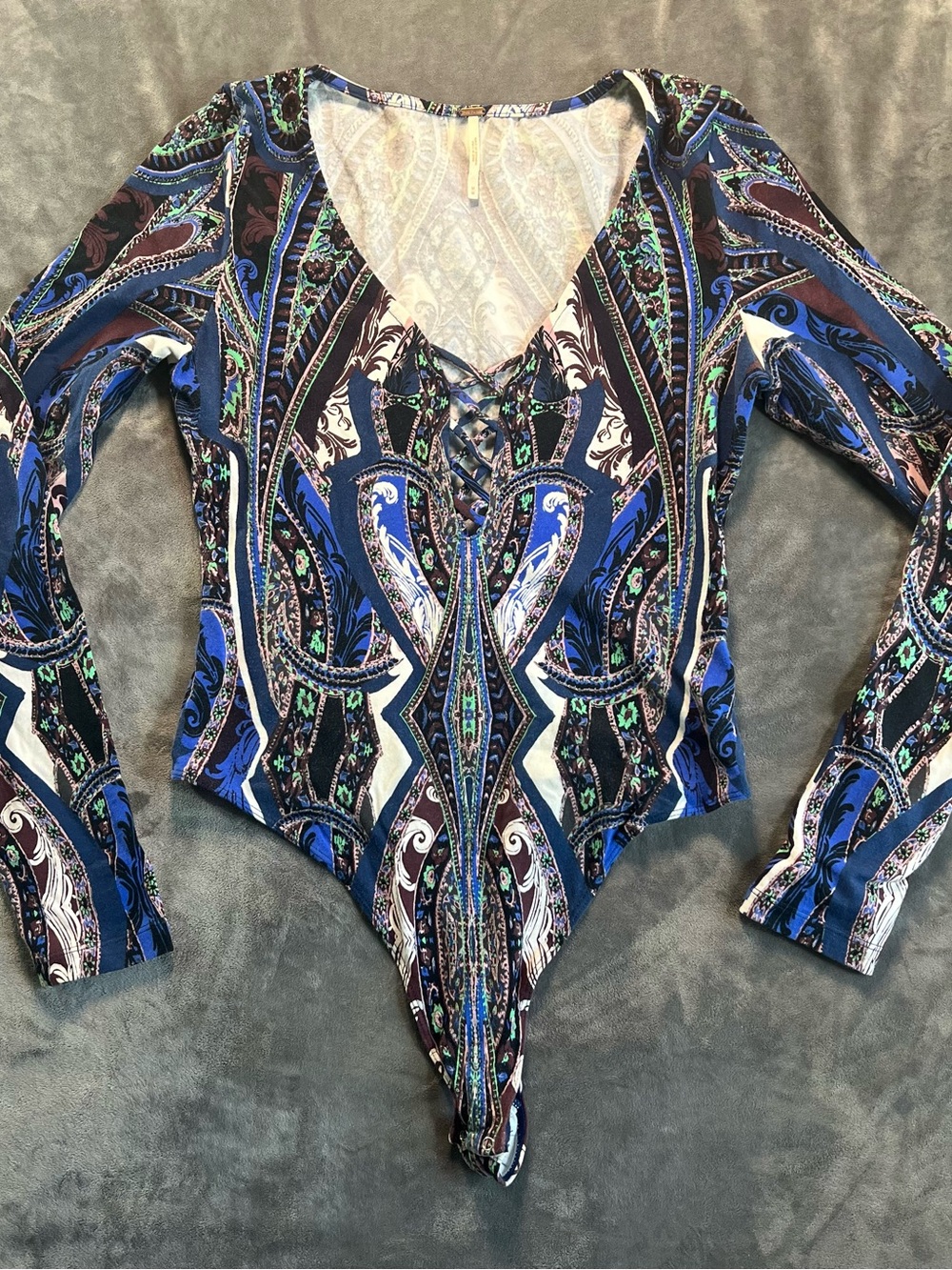 Free People Blue Paisley Lace-Up V-Neck Long Sleeve Bodysuit